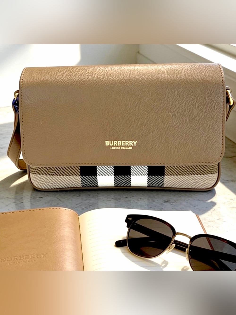 Burberry Hampshire Small Brown House Check & Leather Crossbody Bag with Dust Bag - Picture 1 of 15